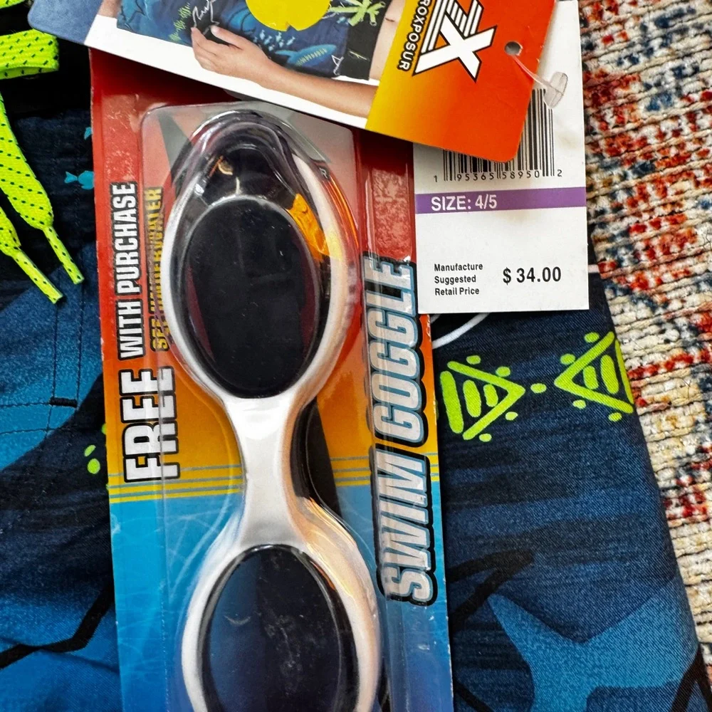 NWT Shark Print Swim Shorts & Googles UV Prot Boys Sz 4 - 5 Zeroposure Quick Dry - Picture 4 of 12